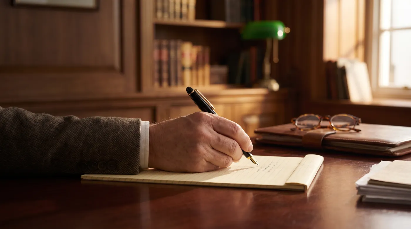 A hand writes notes with a fountain pen on a legal pad at a wood desk