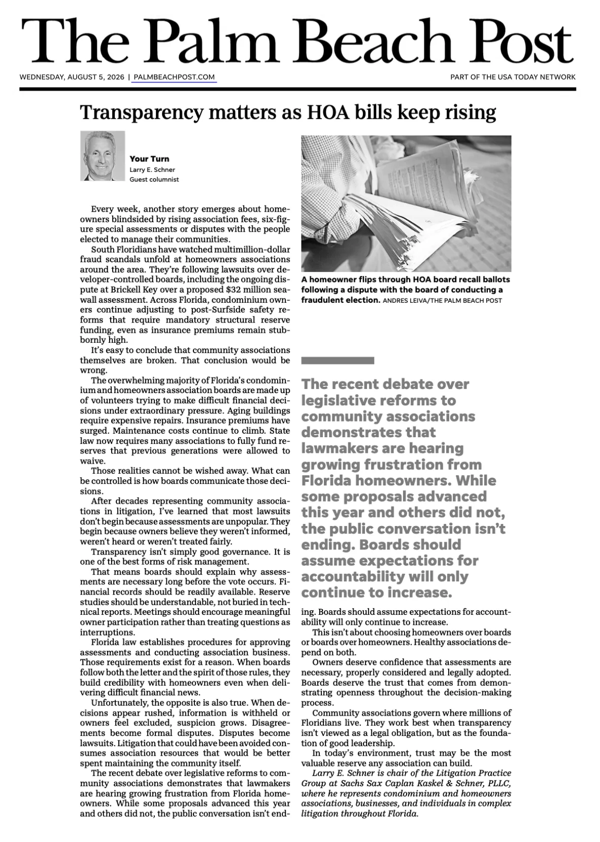 Larry Schner in The Palm Beach Post: Transparency Matters as HOA Bills Keep Rising