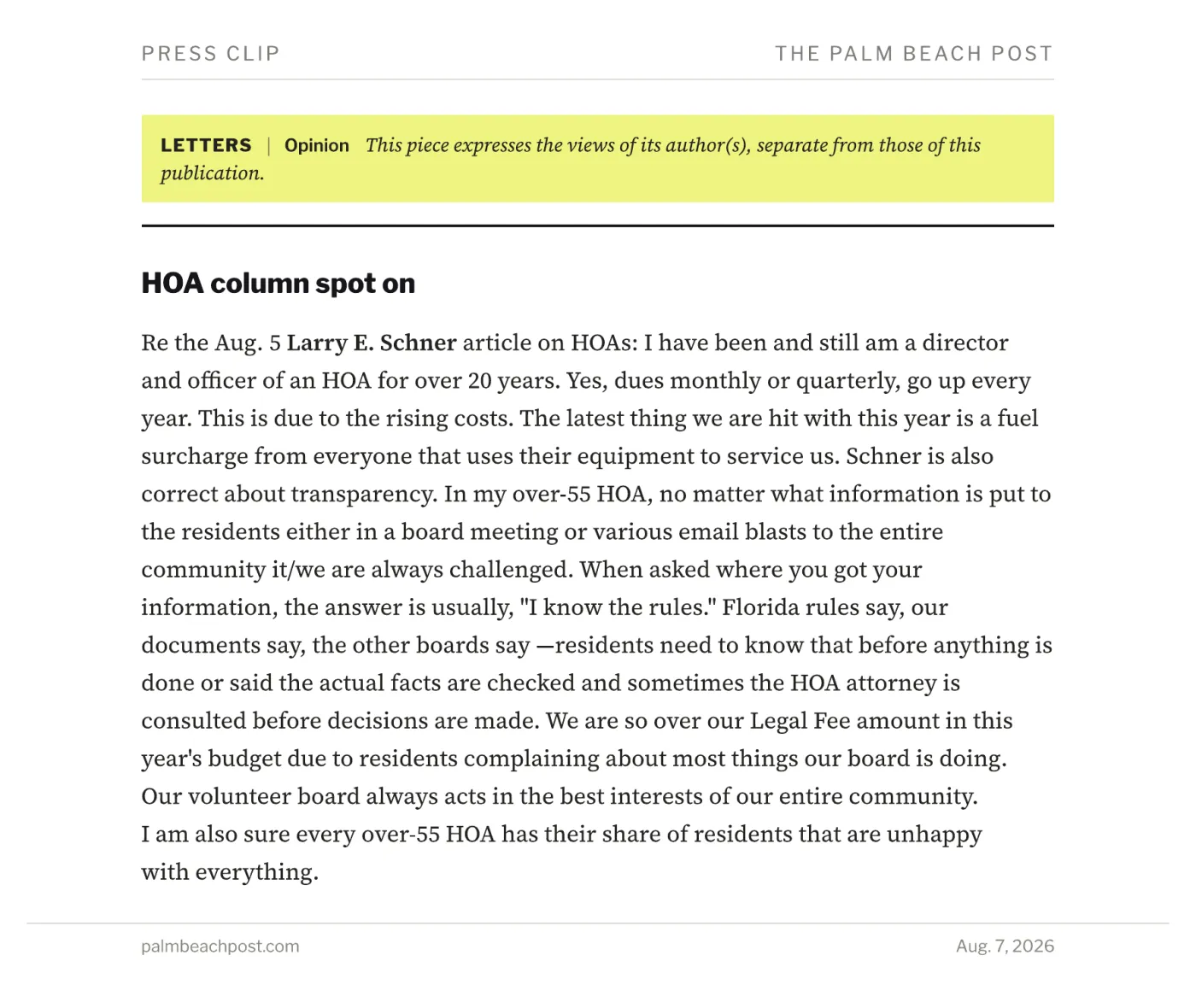 Palm Beach Post Reader on Larry Schner's HOA Column: Spot On