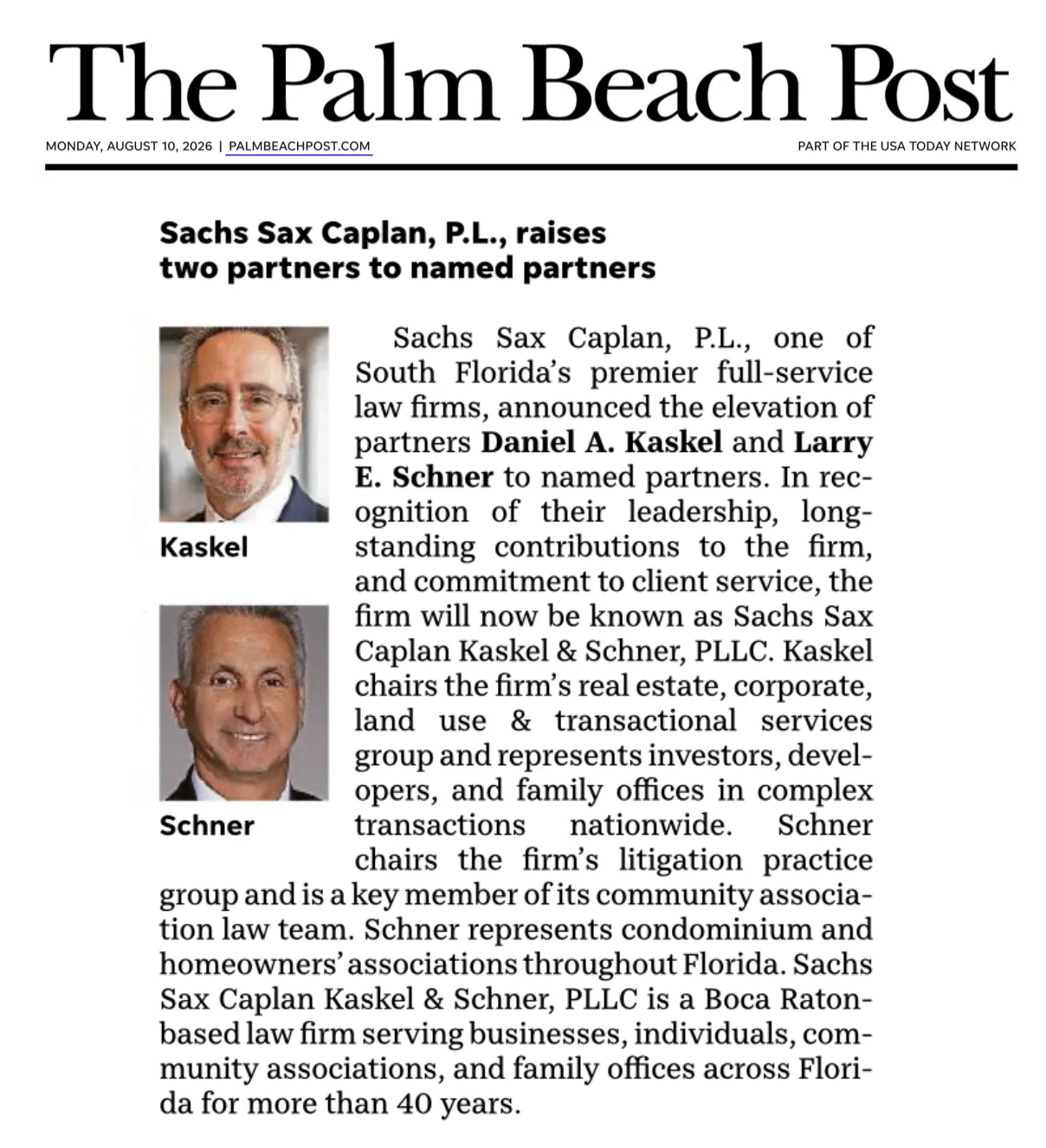 The Palm Beach Post People on the Move: Sachs Sax Caplan Raises Two Partners to Named Partners